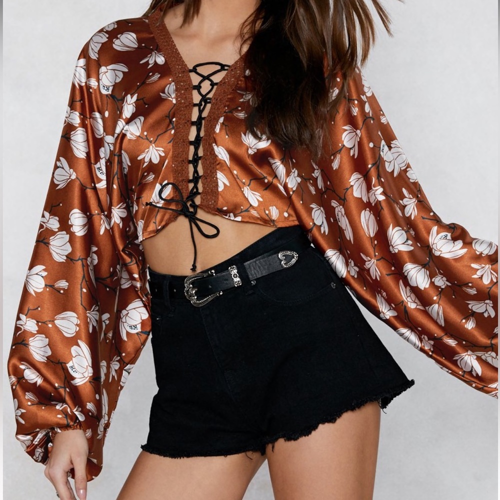 *NWT* Nasty Gal - Balloon Sleeve Lace-Up Blouse | Color: Brown | Size: US 4